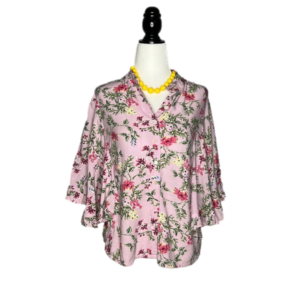 Fig pink floral ruffled wing sleeve peasant blouse